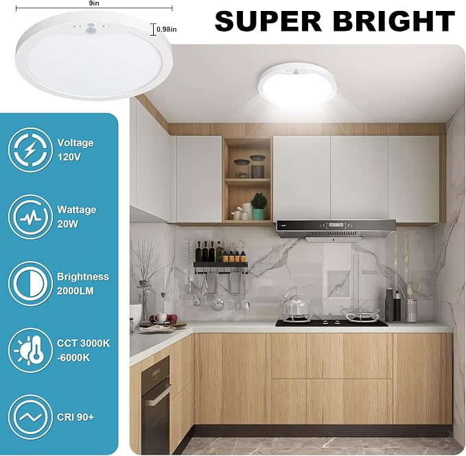 NEWKAZ 9Inch Motion Sensor Ceiling Light Hard-Wired, 20W Indoor Flush Mount LED - Image 6
