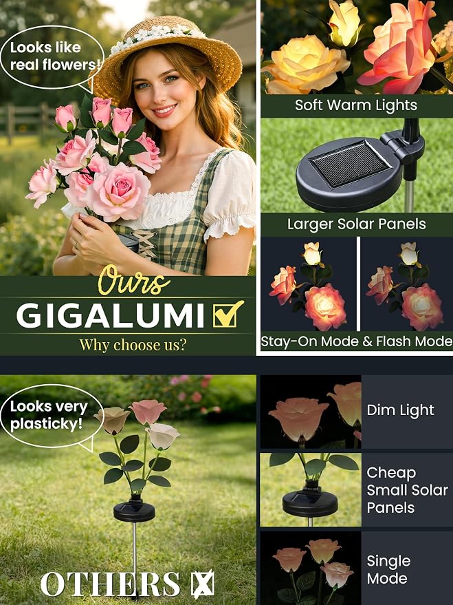 GIGALUMI Solar Lights Outdoor for Garden Decor, 3 Pack Solar Flower Lights - Image 2