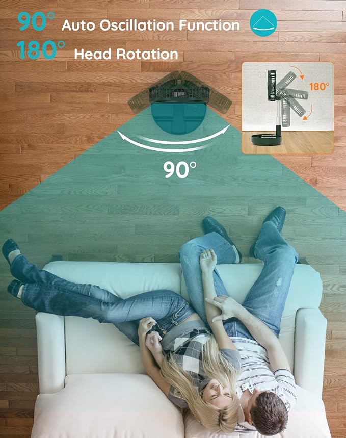 Primevolve Portable Oscillating Standing Fan, Rechargeable Battery Operated USB - Image 3