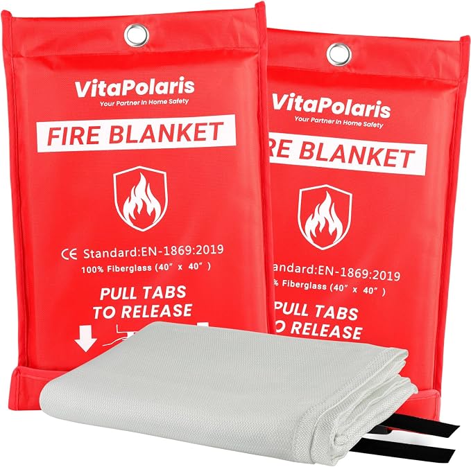Heavy-Duty Emergency Fire Blanket, 2 Pack – Fireproof Fiberglass Blanket by VitaPolaris