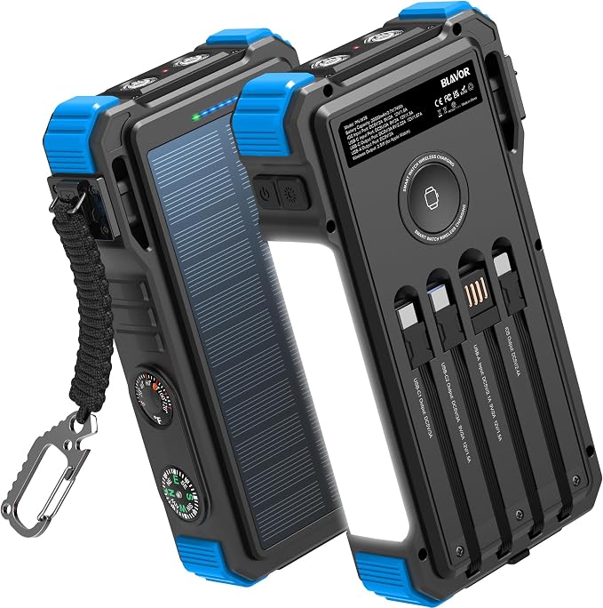 BLAVOR Solar Power Bank 20000mAh Built-in Cables, Wireless Charger by BLAVOR