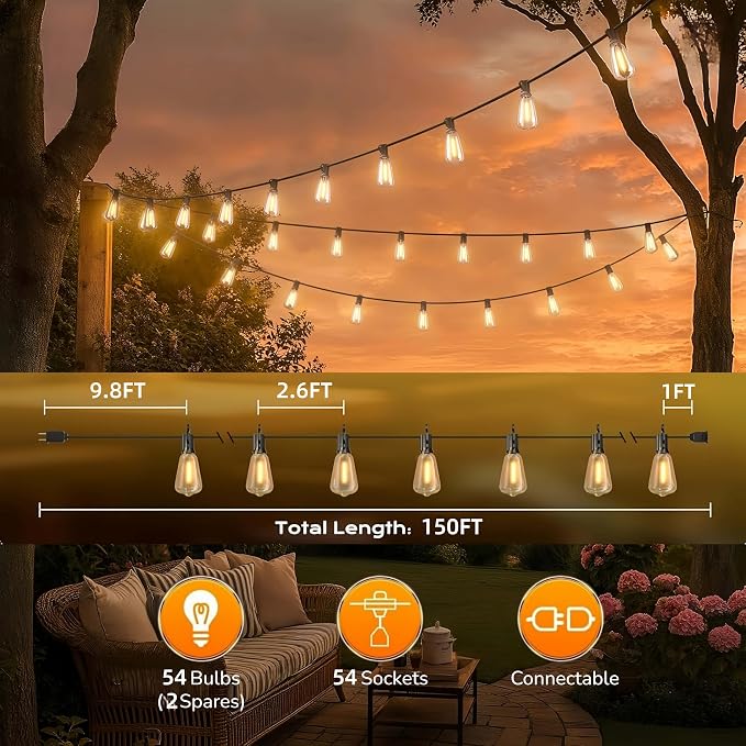 GPATIO Outdoor String Lights, 150FT ST38 Bulbs Shatterproof Patio Lights - Image 6