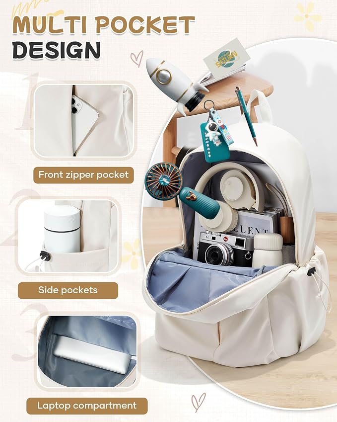 SEAFEW Beige School Backpack for Girls Women Waterproof High School Book Bag - Image 4