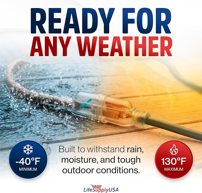 3ft Outdoor/Indoor Extension Cord 14/3 Gauge Heavy Duty 3 Prong SJTW, Waterproof - Image 5