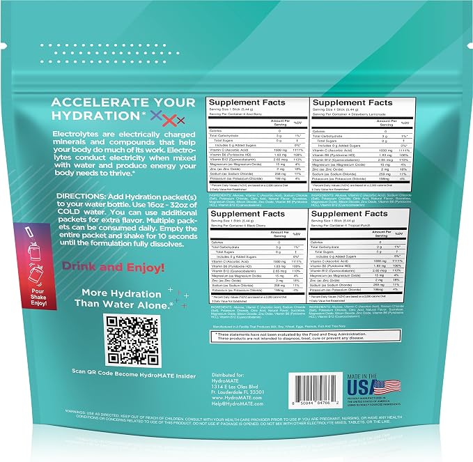 Electrolyte Powder Sugar-Free Hydration Packets Variety Pack HydroMATE 16 Sticks - Image 4