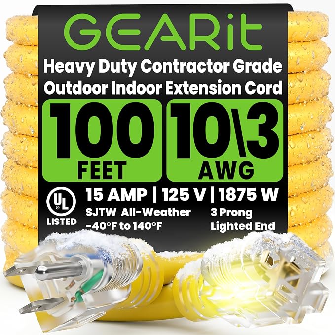GEARit 100 Ft Extension Cords 10/3 Gauge Outdoor/Indoor SJTW 10 AWG 3 Prong by GEARit