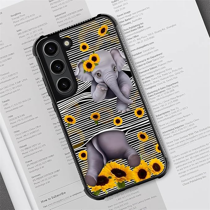 for Samsung Galaxy S23 Plus Case, Cute Little Elephant Sunflower White Line Art - Image 3