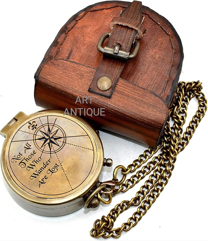 Vintage Brass Compass with Leather Case – Engraved “Not All Those Who Wander - Image 4
