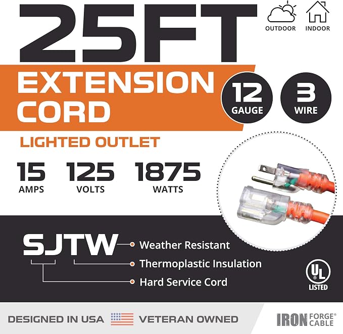 IRON FORGE CABLE 12 Gauge Extension Cord 25 Ft Lighted End - Image 2