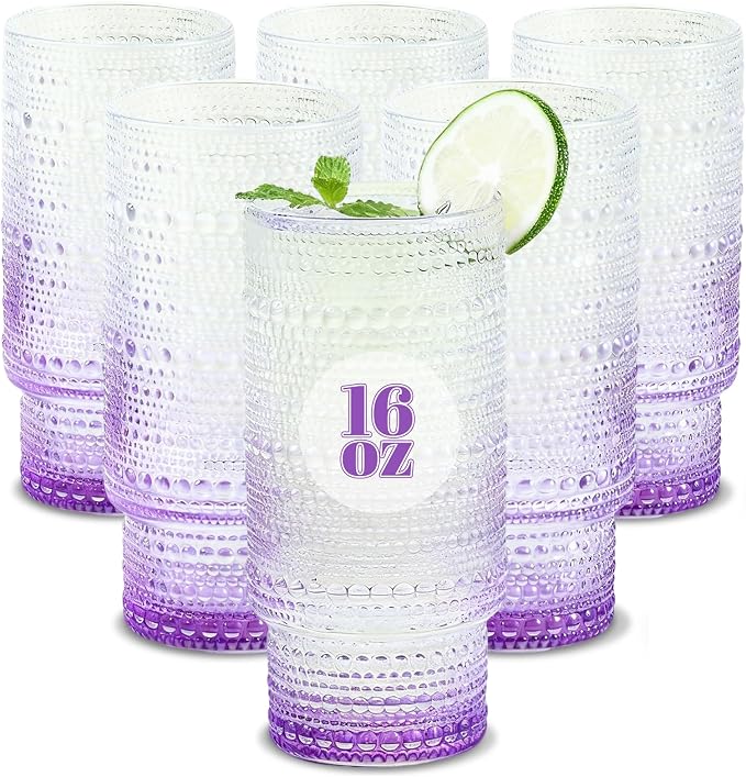 Large Capacity 16 oz Hobnail Drinking Glasses Set of 6, Vintage Glassware by Cowjut