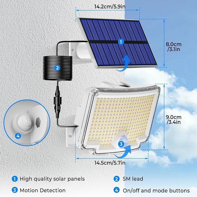 Peasur 1 Pack Solar Motion Lights Outdoor, 318 LED Solar Security Light - Image 7