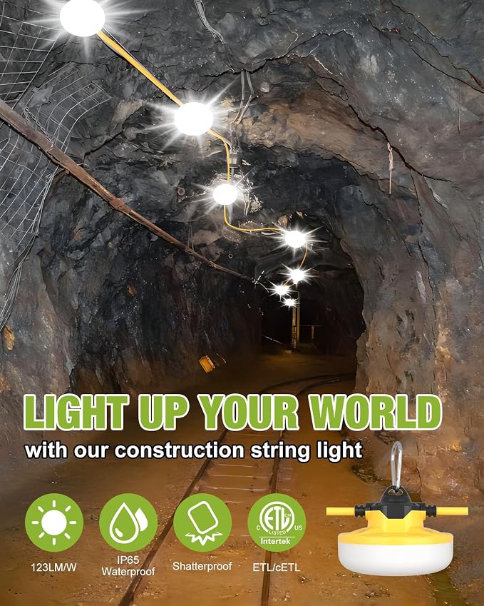 100FT Construction String Lights 3Prong Temp Lighting, 130W 16000LM Industrial - Image 2