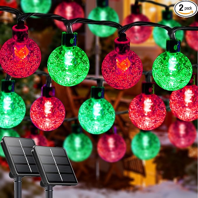 2-Pack 100 LED Red and Green Solar String Lights Outdoor - 64FT Crystal Globe by LORRYTE
