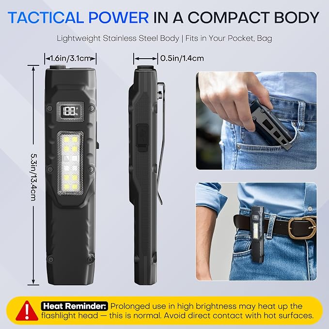 EDC Tactical Flashlight, Flat Flashlights Rechargeable, Dual-Switches LED Small - Image 6