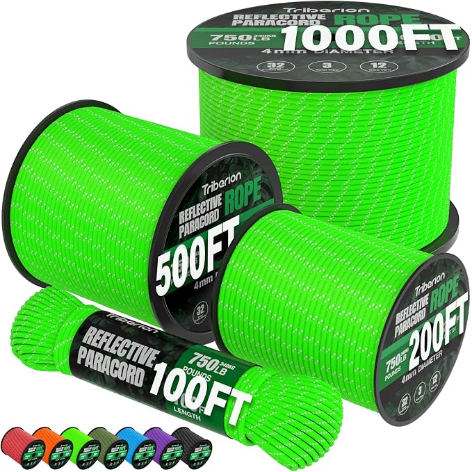Reflective Paracord Rope 750 lb - 200ft 5/32" Parachute Cord 4MM 12-Strand para by Triberion
