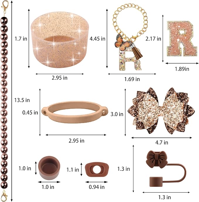 9PCS Brown for Stanley Cup Accessories Set Bling Initials Bow Charms for - Image 3