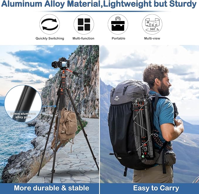 68" Ball Head Camera Tripod & Monopods, 360° Smooth Rotation V-Yoke Rifle - Image 5
