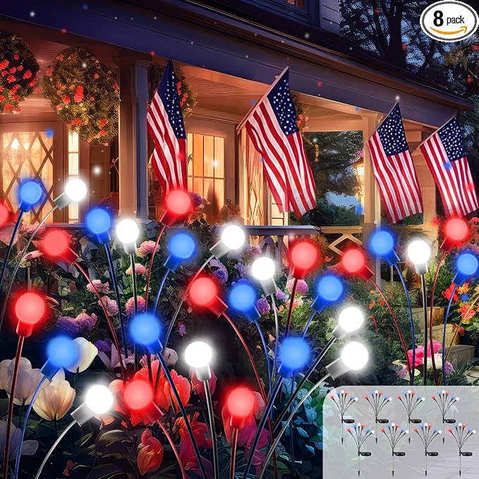Upgraded 8 Pack Red White and Blue Solar Firefly Lights, 4th of July Solar by BOSSERN