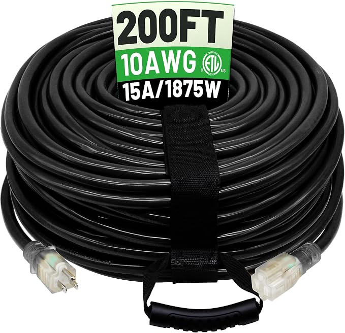 POWGRN 200 Ft 10AWG Black Outdoor Extension Cord Waterproof Heavy Duty 10 Gauge by POWGRN