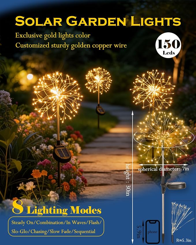 Solar Garden Lights Outdoor Yard Decorations, 2 Pack 150Leds Pathway Lights - Image 2