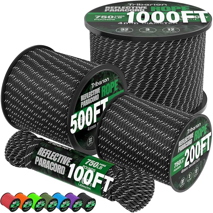 Reflective Paracord Rope 750 lb - 100ft 5/32" Parachute Cord 4MM 12-Strand para by Triberion
