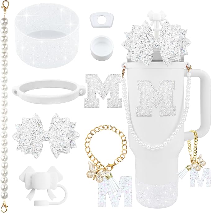 9PCS White for Stanley Cup Accessories Set Bling Initials Bow Charms for by Unknown