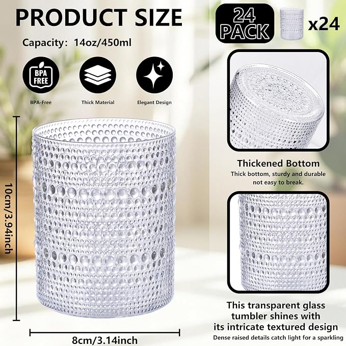 YOUBET 24PCS Plastic Hobnail Drinking Glasses - 14 Oz Clear Vintage Glasses - Image 2