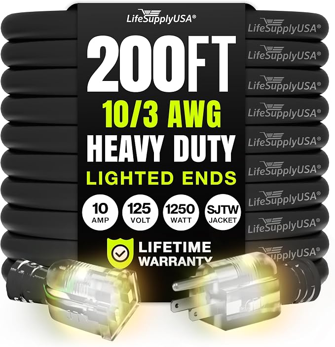200ft Outdoor/Indoor Extension Cord 10/3 Gauge Ultra Heavy Duty 3 Prong SJTW by LifeSupplyUSA