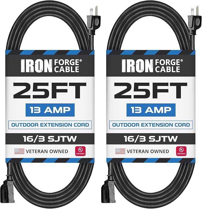 Iron Forge Cable 2 Pack 25 Ft Black Extension Cord, 25 Foot Extension Cord by IronForgeCable