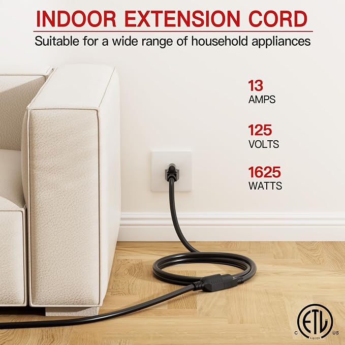 16/3 Short Extension Cord 10 FT 2 Pack, Indoor 3 Prong Power Cable, Suitable - Image 3