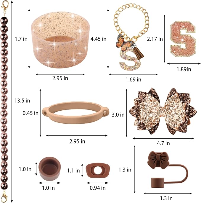 9PCS Brown for Stanley Cup Accessories Set Bling Initials Bow Charms for - Image 3