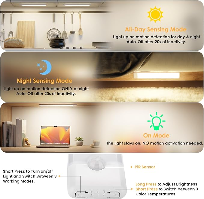 5-Pack Motion Sensor Under Cabinet Light, 3 Color Temperature Dimmable - Image 3