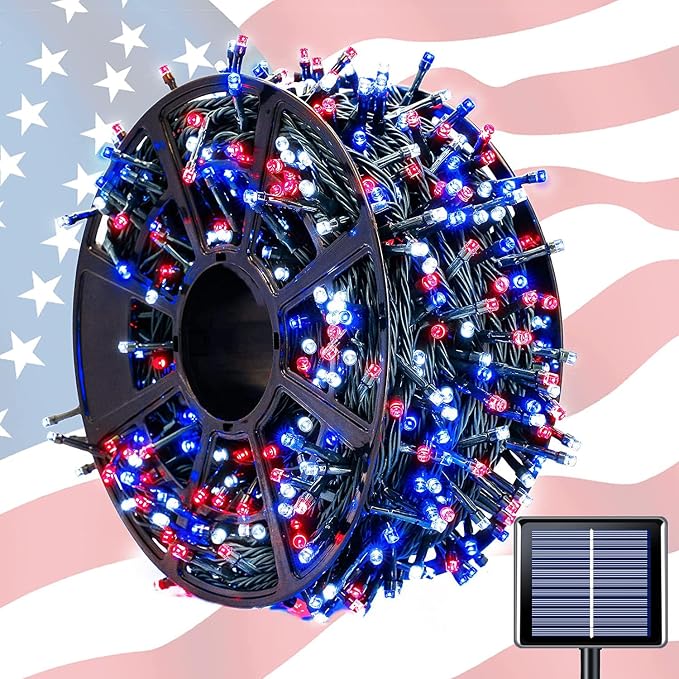 JMEXSUSS 600 LED 4th of July Decorations Solar Lights, 206.7ft Red White and by JMEXSUSS