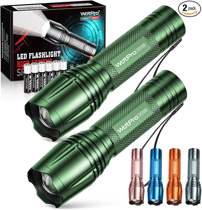 WdtPro LED Flashlight High Lumens SR2000 Pro, 2 Pack Brighter Tactical by WdtPro