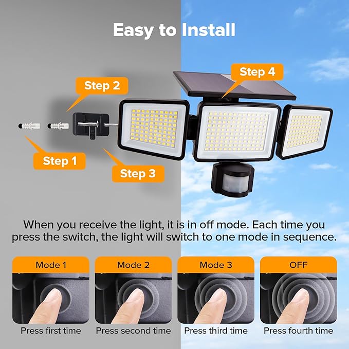 UME Solar Outdoor Lights 302 LED 3000LM, IP65 Waterproof Motion Sensor Outdoor - Image 6