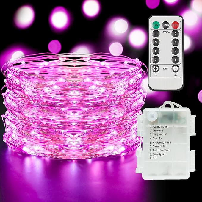 suddus Pink Valentine Day Fairy Lights Battery Operated, 66ft 200 LED String by SUDDUS