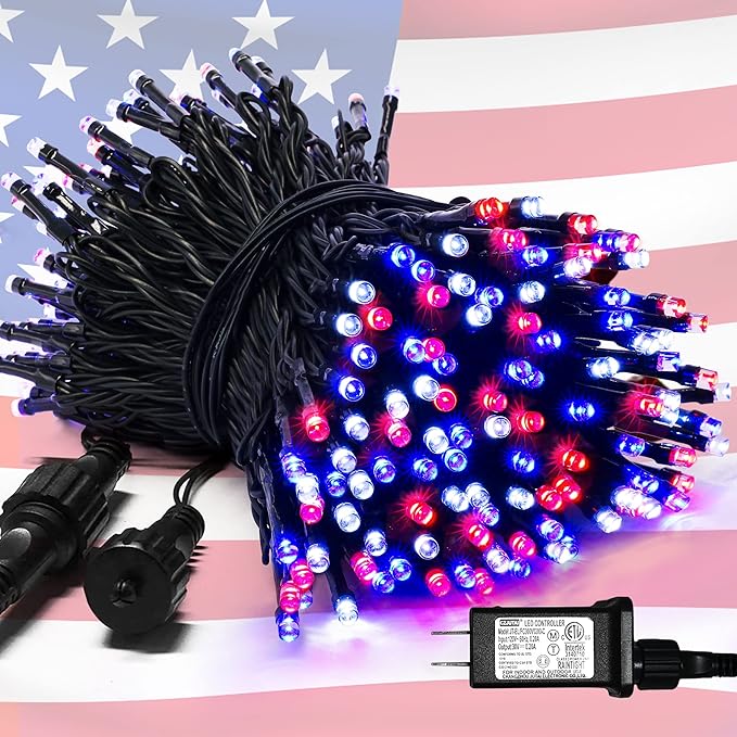 JMEXSUSS 200 LED 66ft Red White and Blue Lights Outdoor, Expandable Waterproof by JMEXSUSS