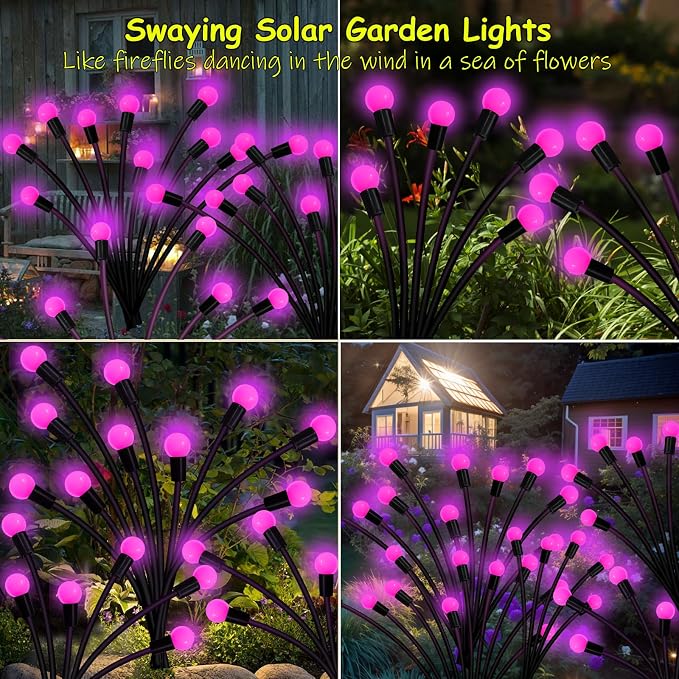 Kohlrabi Solar Garden Lights Outdoor, 4 Pack 32 LED Solar Pink Firefly Lights - Image 5