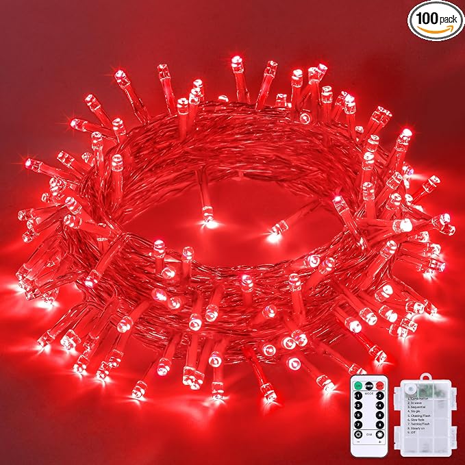 JMEXSUSS 33ft 100 LED Red Battery Operated Lights by JMEXSUSS