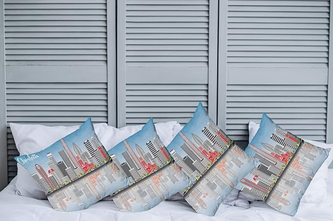 Ambesonne North Carolina Throw Pillow Cushion Case Pack of 4, Charlotte Skyline - Image 2