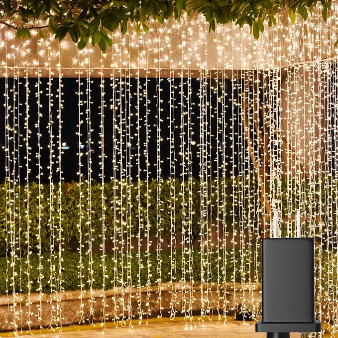 Solhice LED Curtain Lights Outdoor 20ft x10ft, 600 LED Plug in Hanging String by Solhice