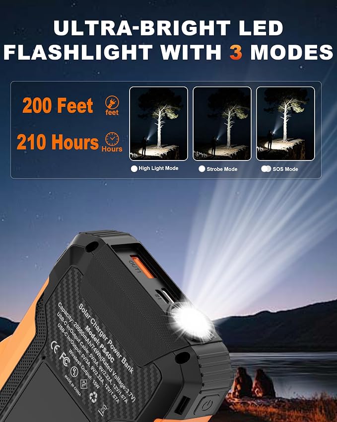 Solar Power Bank with Hand Crank and Retractable Cables, 20000mAh Wireless - Image 6