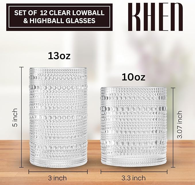 Khen Vintage Hobnail Drinking Glasses Set of 12, 13oz Highball Glasses & 10 oz - Image 2