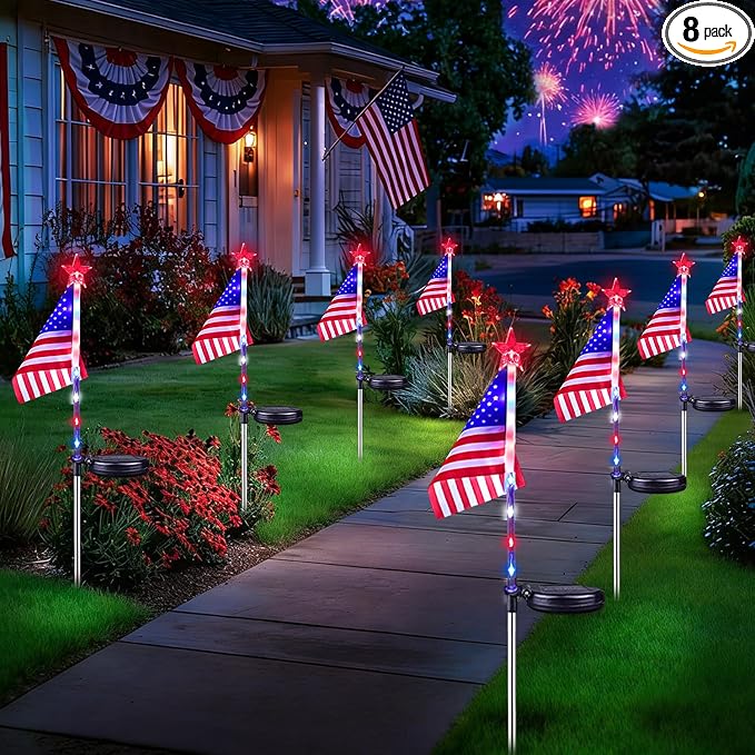 8 Pack American Flag Solar Lights Outdoor, 4th of July Decorations Red White by BOSSERN