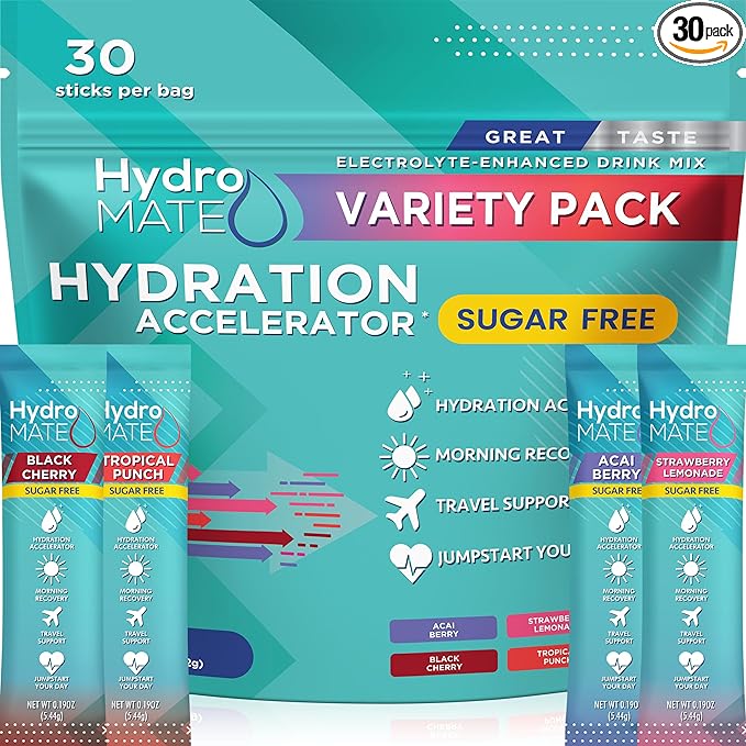 Electrolyte Powder Sugar-Free Hydration Packets Variety Pack HydroMATE 30 Sticks by HydroMATE