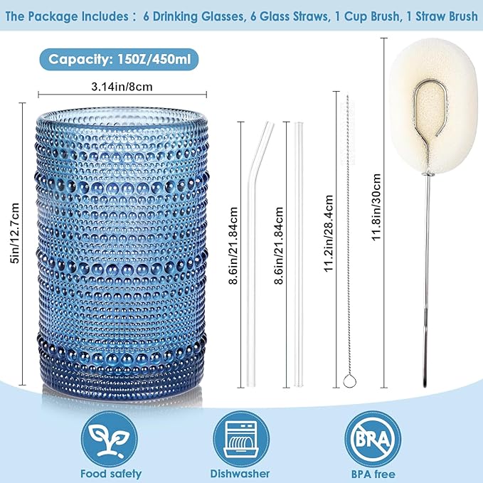 KMIGRUAN Large Hobnail Drinking Glasses Set of 6, 15oz Blue Vintage Glassware - Image 2