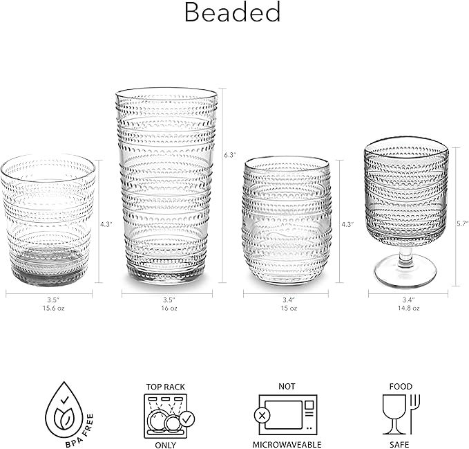 Beaded 15 oz Durable Acrylic Stemless Wine Glasses, Shatter-Resistant and - Image 3