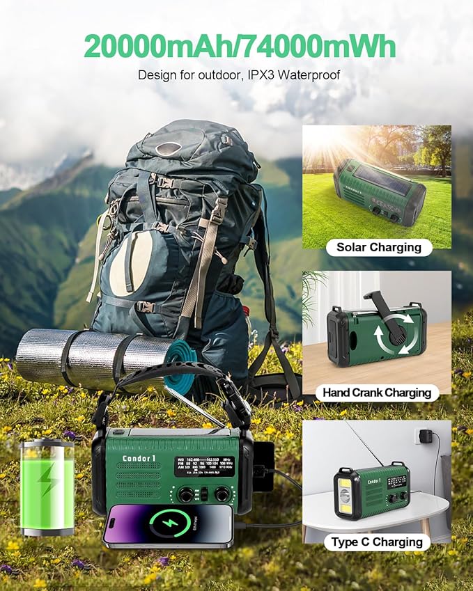 Emergency Crank Radio, 20000mAh / 74000mWh Solar Hand Crank Weather Radio - Image 6