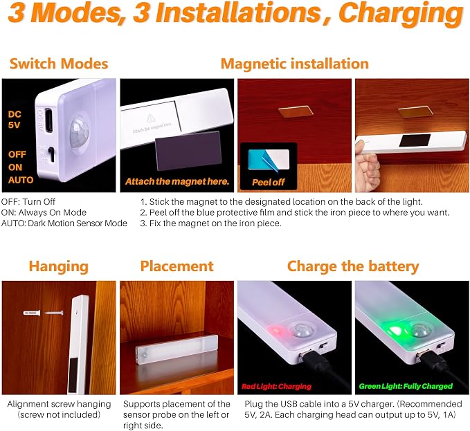 STAR-SPANGLED Under Cabinet Lighting Rechargeable, 8 inch Motion Sensor Lights - Image 3