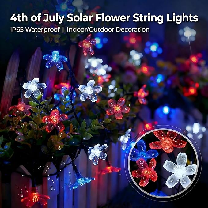 ITICdecor 50 LED Solar Flower String Lights Outdoor Waterproof 4th of July - Image 3